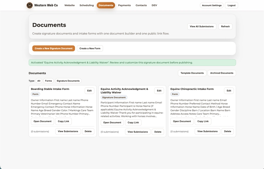 Documents dashboard view